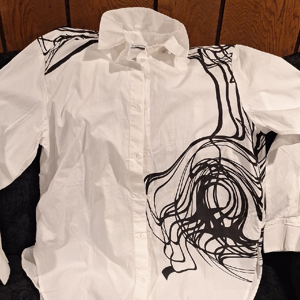 Desigual White Cotton Button-Down Shirt with Black Abstract Design